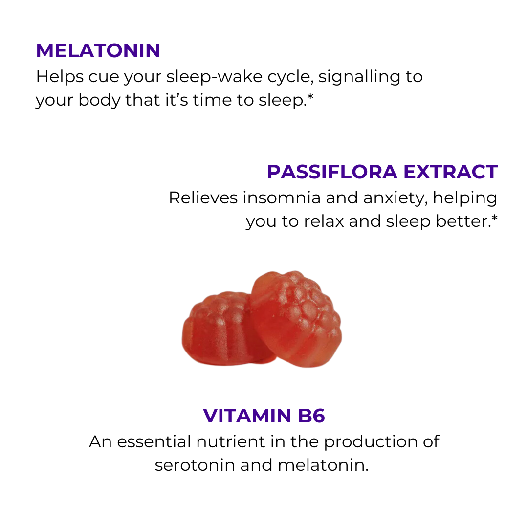 Three calming nutrients -Melatonin + Vitamin B6 + Passiflora Extract - to support your natural sleep cycle