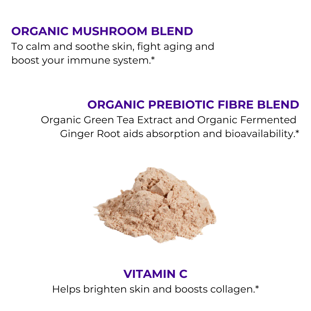 A blend of 6 organically grown, fermented mushrooms to soothe your skin with antiaging and immune-boosting properties.